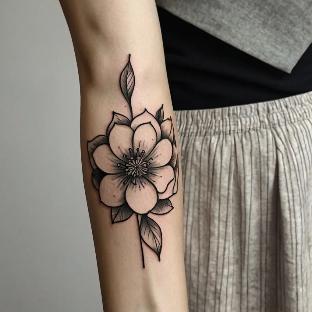 Black and gray floral tattoo on inner arm, featuring a detailed blossom with bold outlines and shaded leaves.