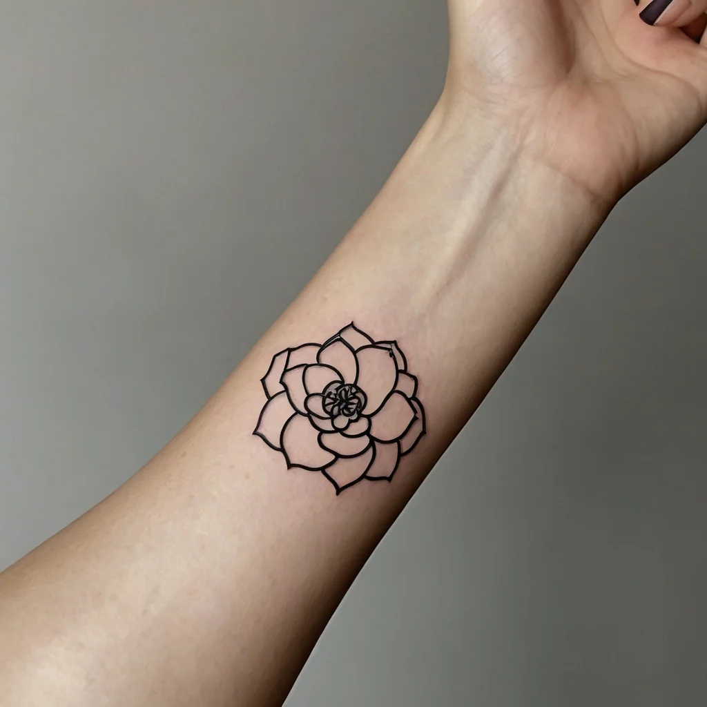 Minimalist outlined flower tattoo on forearm, featuring a geometric style with layered petals and fine black lines.