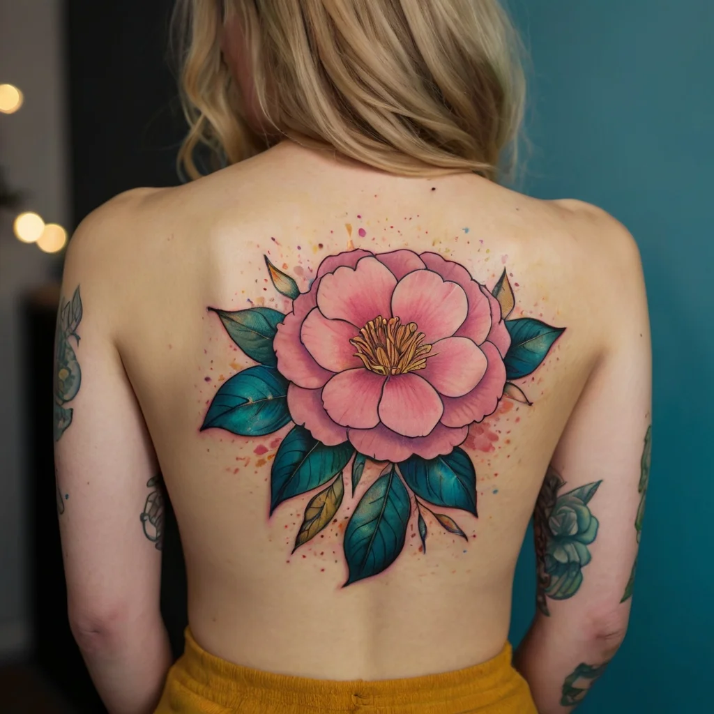 Large, colorful pink flower tattoo with teal leaves and vibrant splatters on woman's back, blending realism and watercolor.