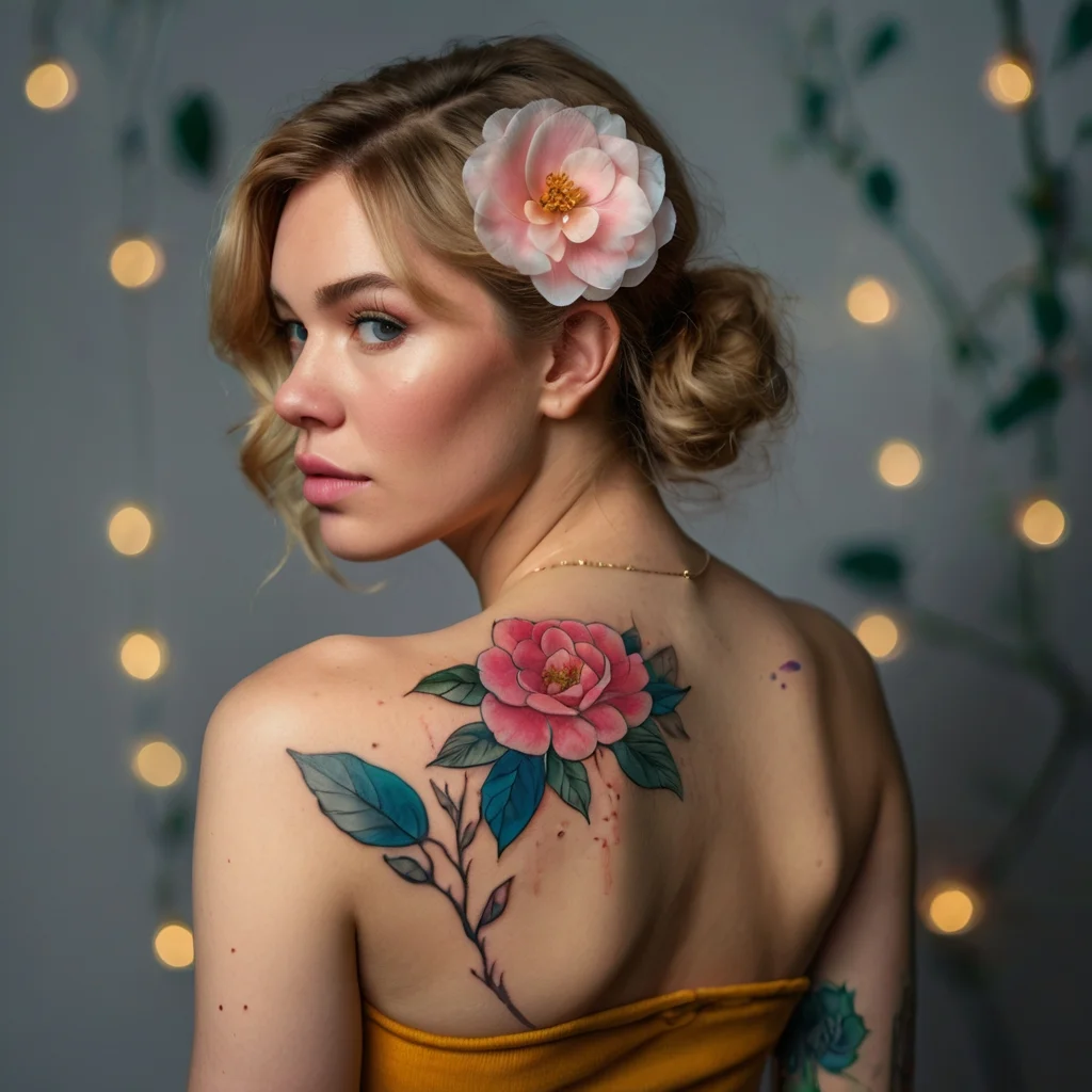 Delicate pink camellia tattoo on upper back, with vibrant green leaves and soft red shading on the petals.