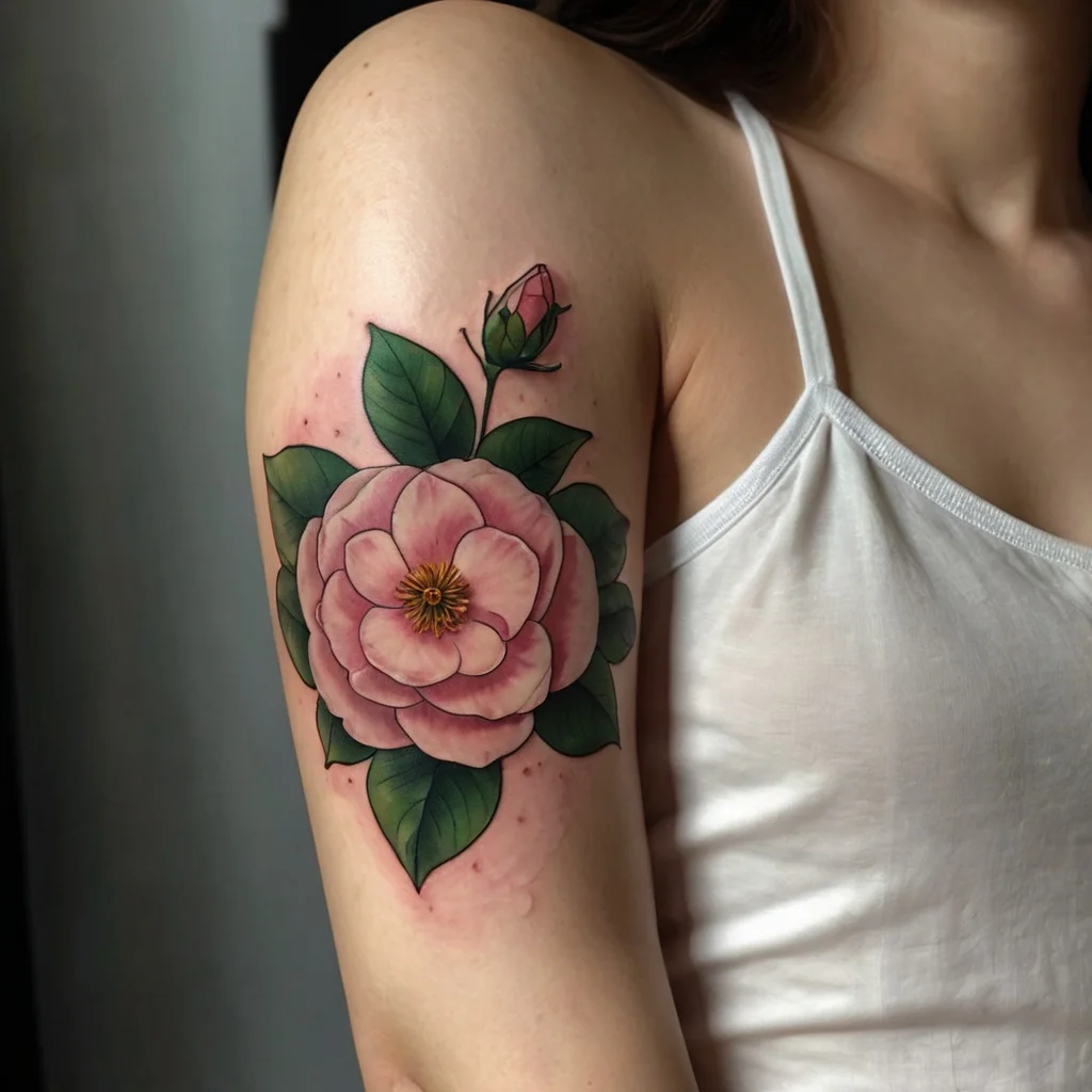 Tattoo of a detailed pink flower with green leaves on the upper arm, featuring excellent shading and vibrant colors.