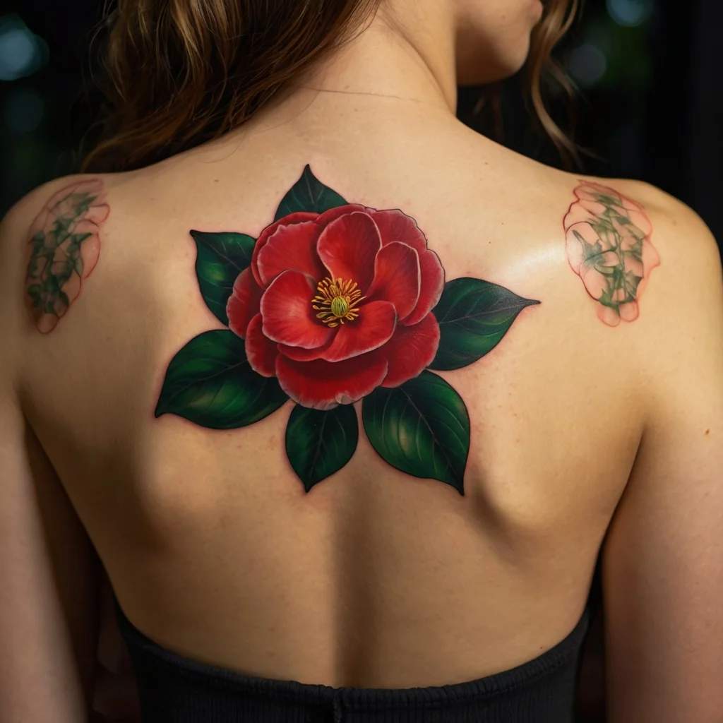 Back tattoo of a vibrant red camellia with green leaves; smaller floral designs on both shoulders.