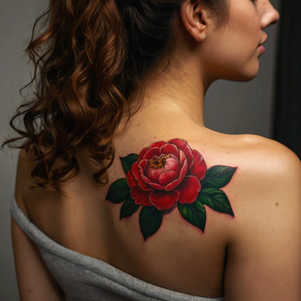 A vibrant red peony tattoo with lush green leaves is artfully inked on the upper back, symbolizing beauty and elegance.