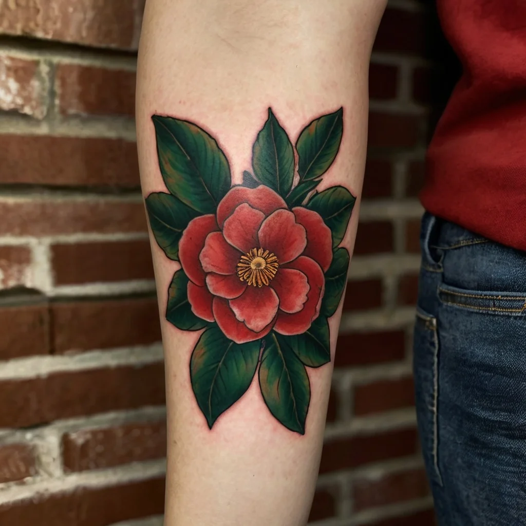 Tattoo of a vibrant red flower with detailed petals and lush green leaves on the forearm, showcasing bold outlines.