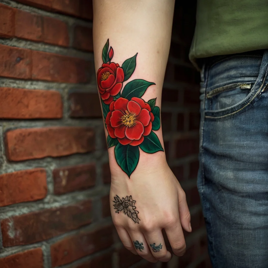 Bold tattoo of vibrant red camellia flowers with lush green leaves on forearm, complemented by small black hand designs.