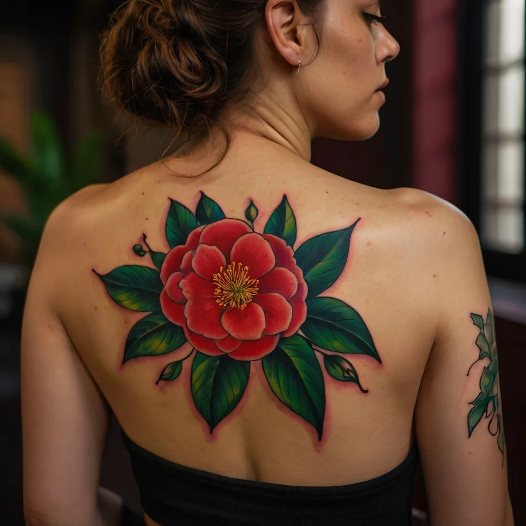 Tattoo of a vivid red camellia with lush green leaves, centered on the upper back, symbolizing beauty and admiration.