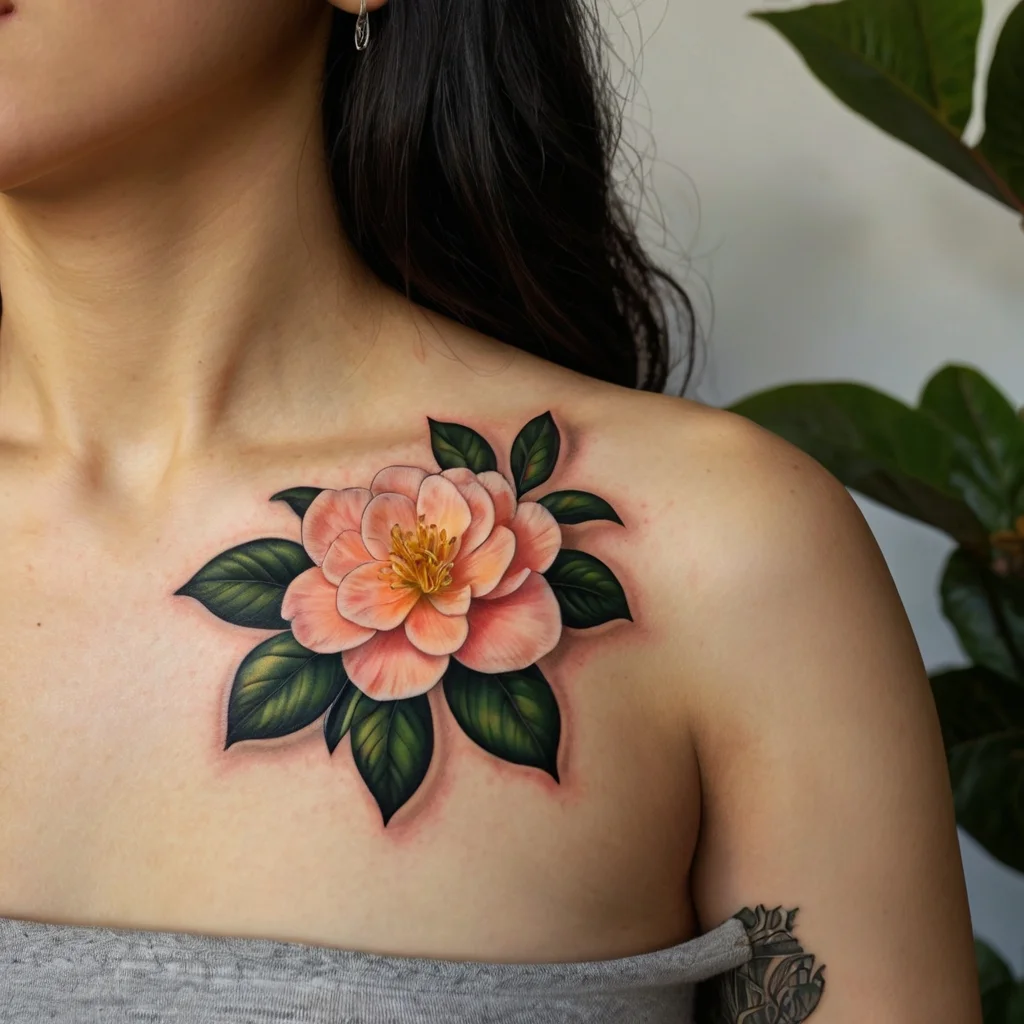 Colorful floral tattoo on the shoulder features a detailed peach camellia with vibrant green leaves, symbolizing love and beauty.