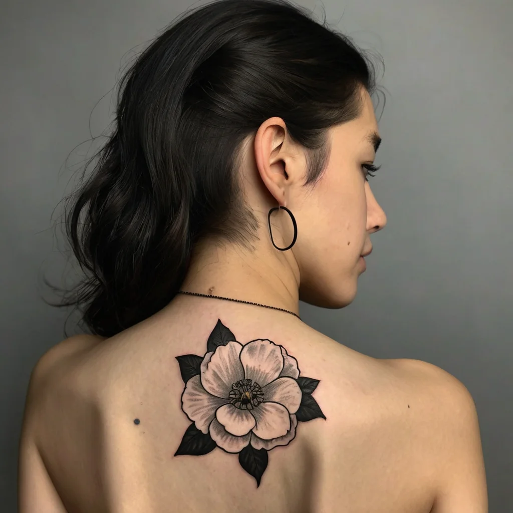 Black and gray peony tattoo on upper back, showcasing delicate shading and detailed leaves for a bold, elegant look.