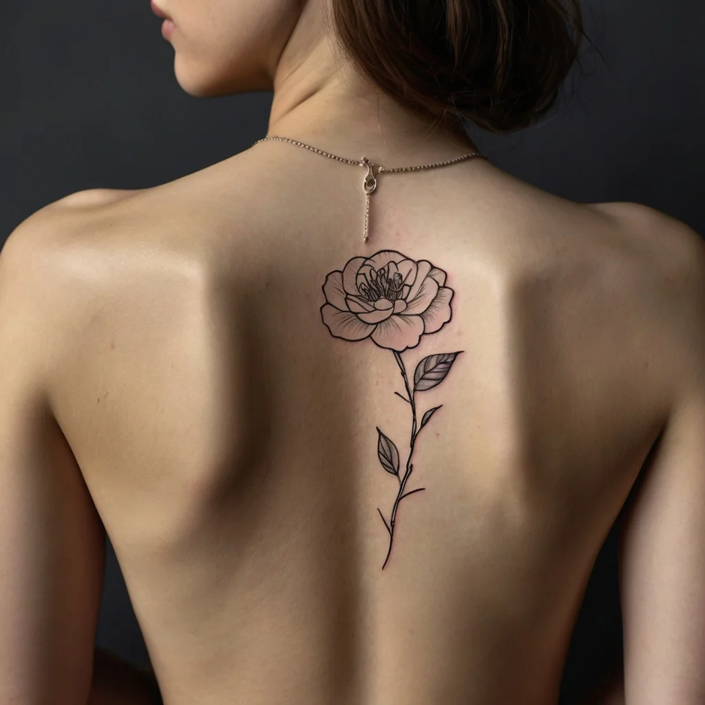 Minimalist line art flower tattoo on back, featuring a detailed blossom with leaves along a slender stem.