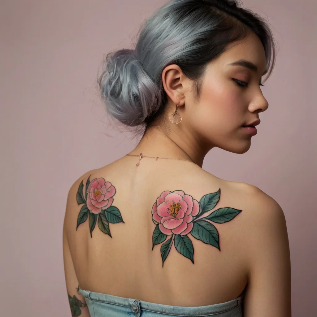 Two pink peony tattoos with detailed green leaves are inked symmetrically on her upper back, showcasing elegance and balance.