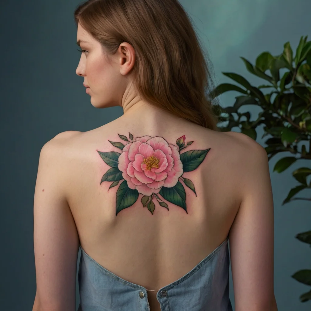 Tattoo of a large pink camellia with detailed petals and vibrant green leaves, centered on the upper back.