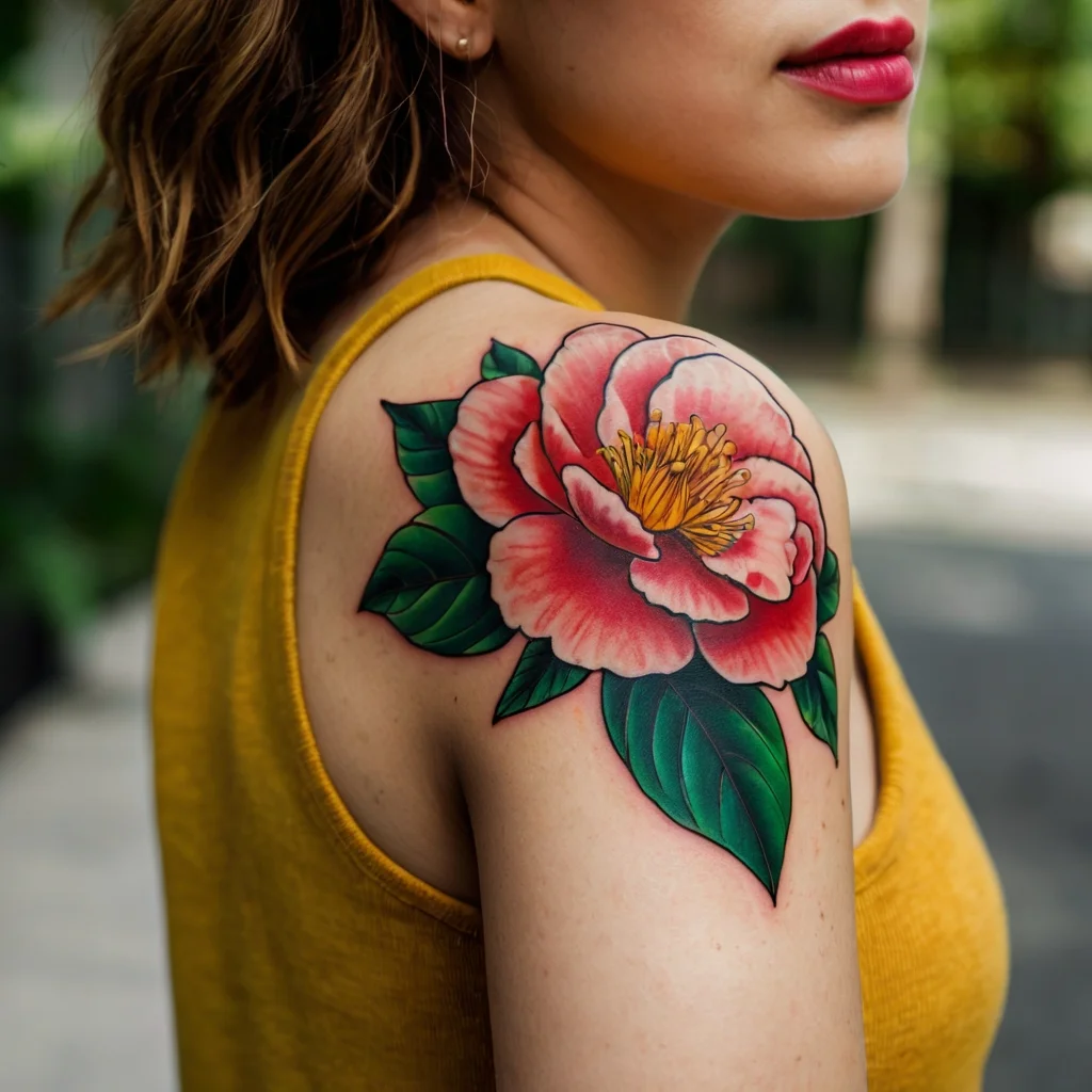 A colorful tattoo featuring a vibrant pink peony with detailed petals and lush green leaves on the shoulder.