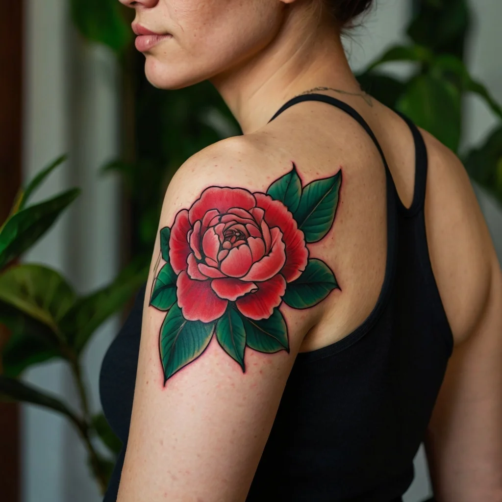 A vibrant red peony tattoo with detailed green leaves, elegantly placed on the upper shoulder, symbolizes beauty and honor.