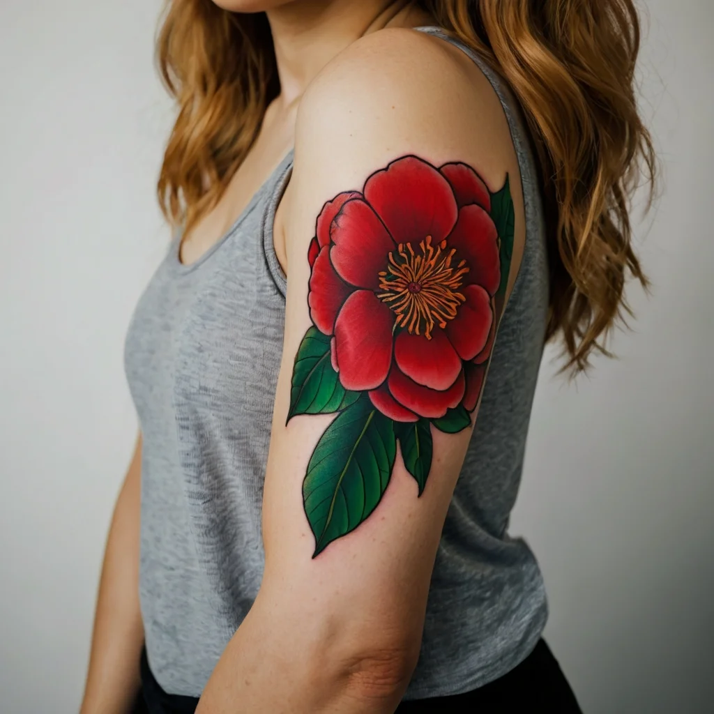 Tattoo of a vibrant red peony on the upper arm, featuring bold outlines and rich green leaves for contrast and depth.