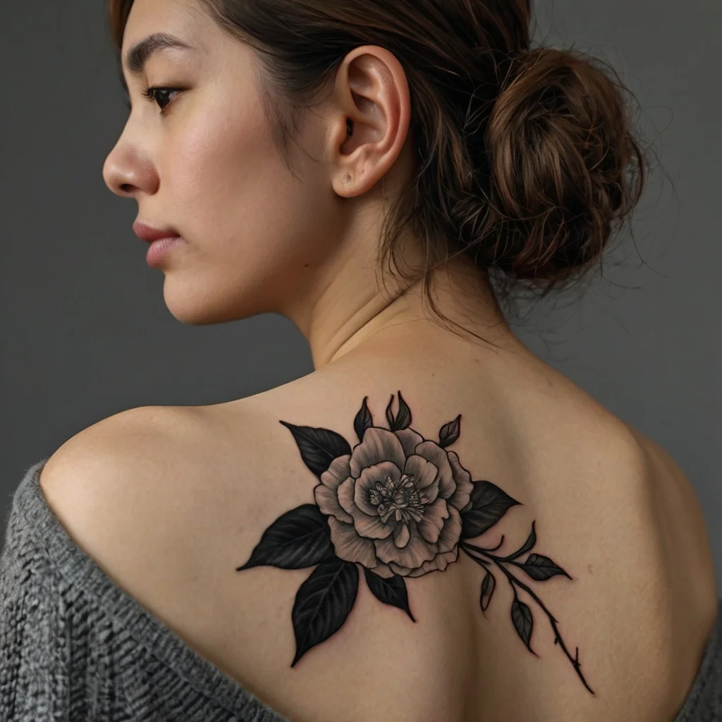 Black and gray floral tattoo on the shoulder depicts a detailed rose with bold leaves and delicate shading.