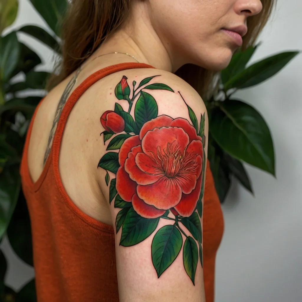 A vibrant tattoo of a red camellia flower with lush green leaves on the upper arm, symbolizing admiration and love.