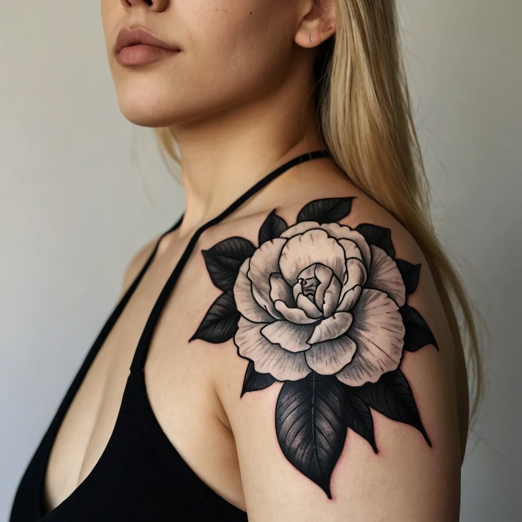 Black and gray rose tattoo on shoulder, featuring detailed shading and bold outlines for a realistic, elegant look.