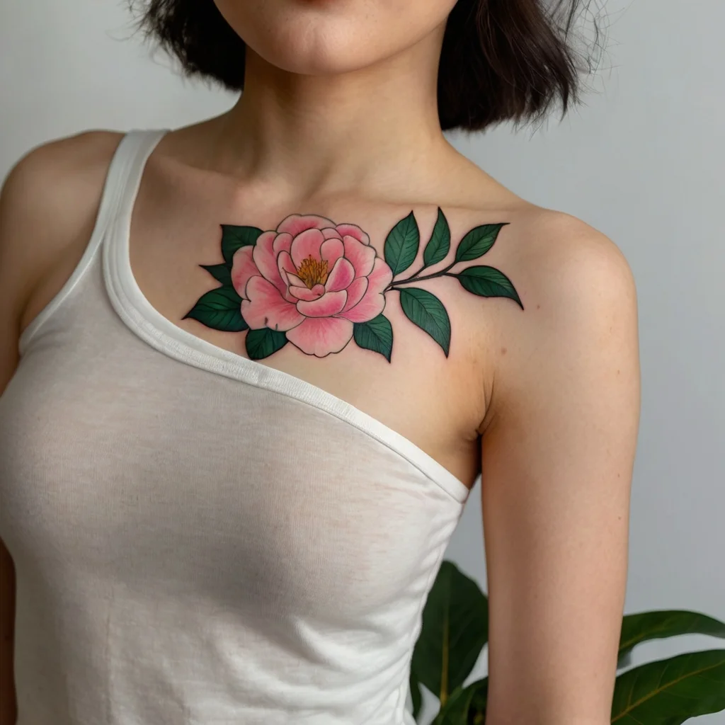 A vibrant pink peony tattoo on the chest with lush green leaves, symbolizing beauty and prosperity.