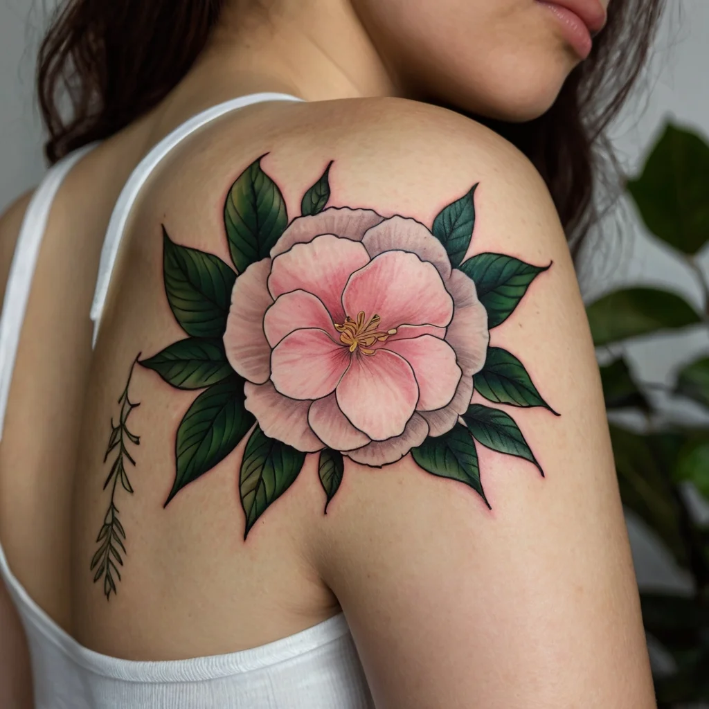 Large watercolor-style pink camellia tattoo with detailed green leaves on shoulder, symbolizing love and admiration.