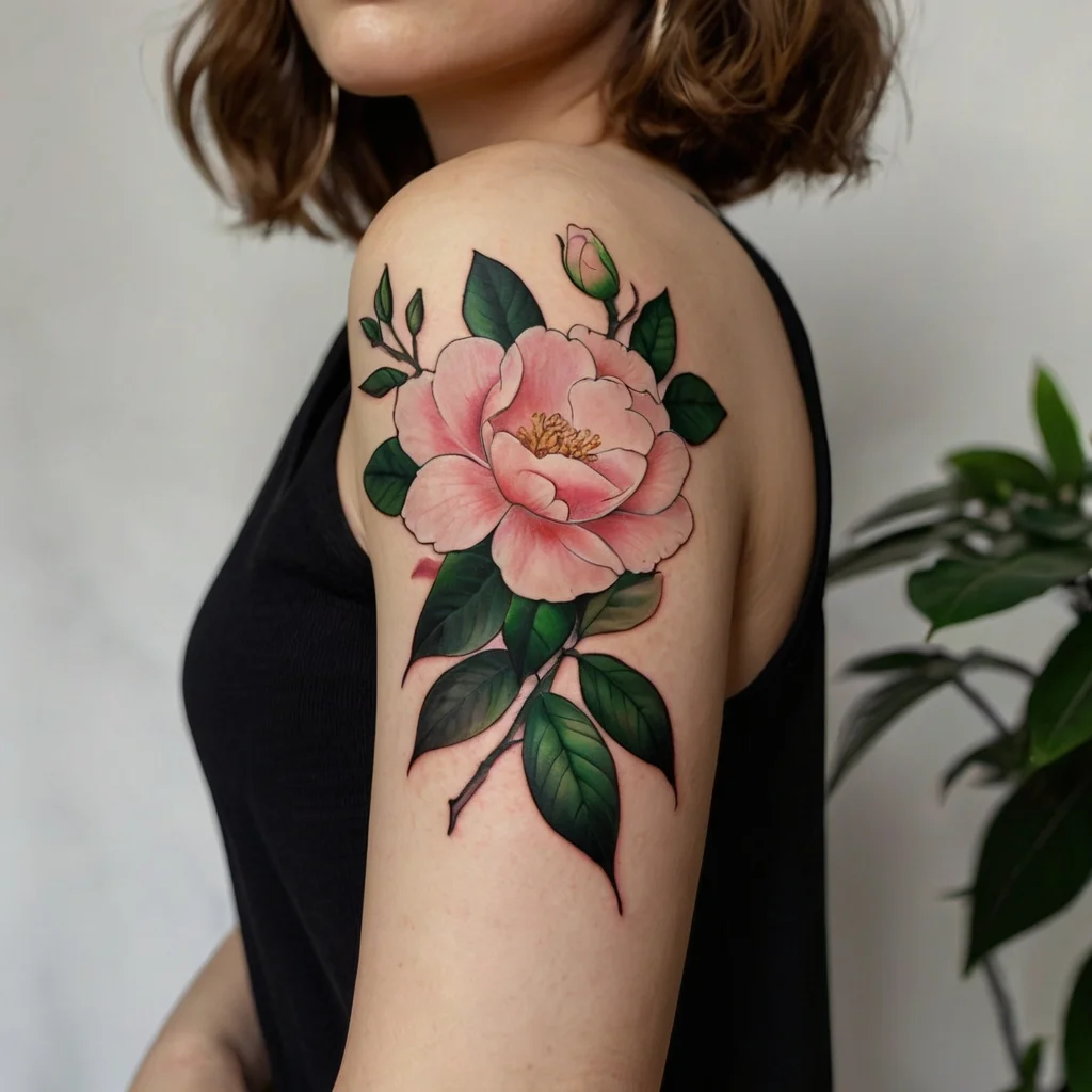 Tattoo of a detailed pink peony with rich green leaves on upper arm, symbolizing beauty and elegance.