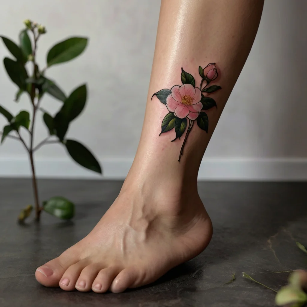 A vibrant pink flower tattoo on the ankle, with green leaves and a budding bloom, showcasing delicate linework and shading.