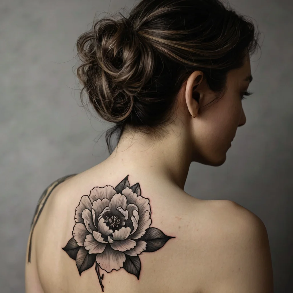 Intricate black and gray peony tattoo on upper back, showcasing detailed shading and bold outlines with lush leaves.