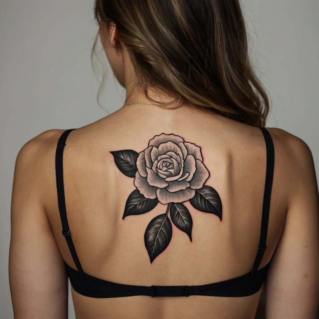 Elegant black and gray rose tattoo on the upper back with detailed shading and bold, contrasting leaves.