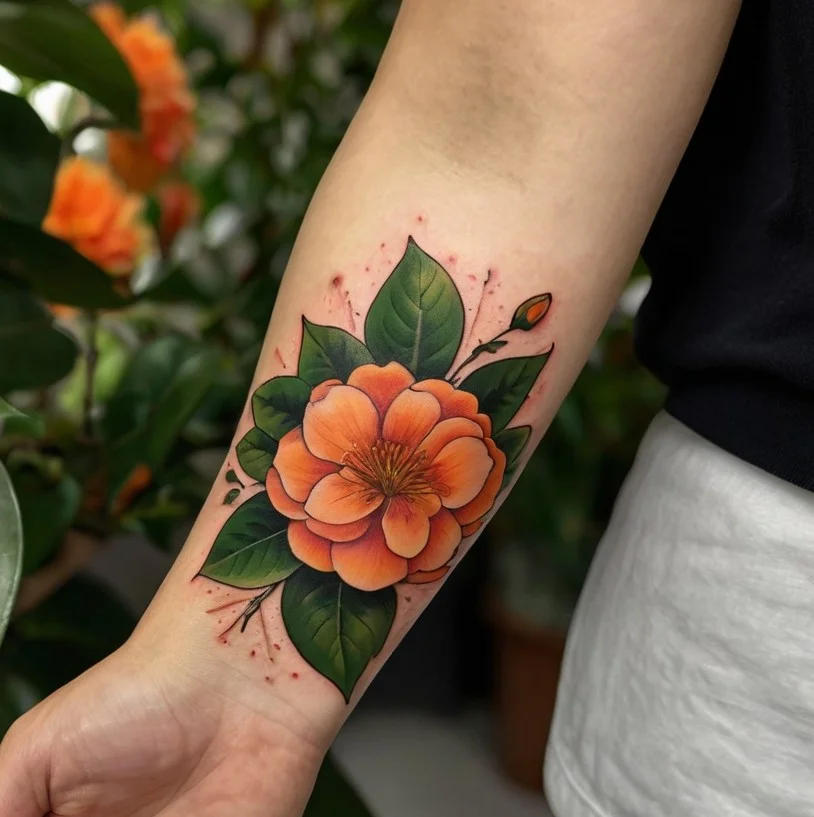 Tattoo of a vibrant orange camellia with lush green leaves, detailed petals, and a small bud on the forearm.