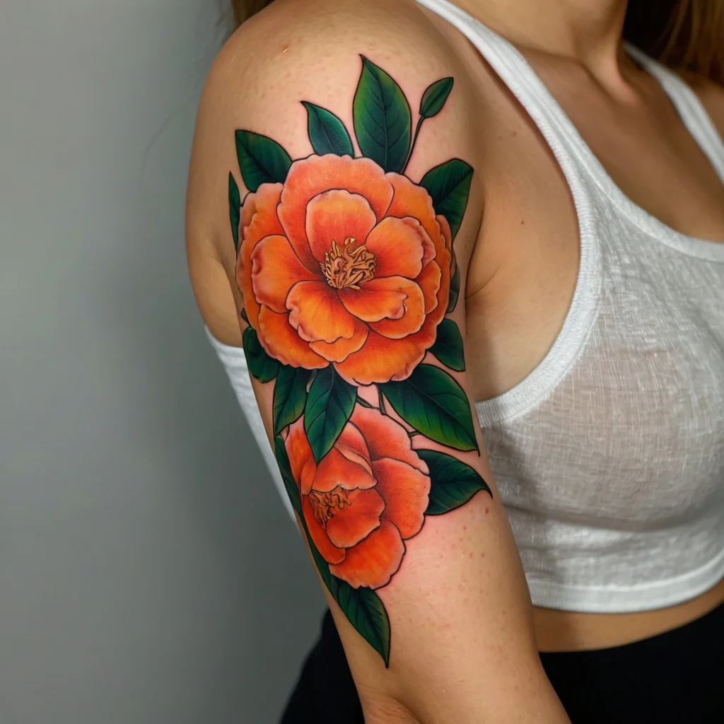 Tattoo of vibrant orange flowers with detailed green leaves on an upper arm, showcasing bold colors and intricate shading.