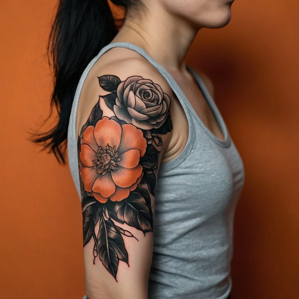 Tattoo features a vibrant orange flower and grayscale rose with detailed leaves on the upper arm, blending realism and bold contrast.