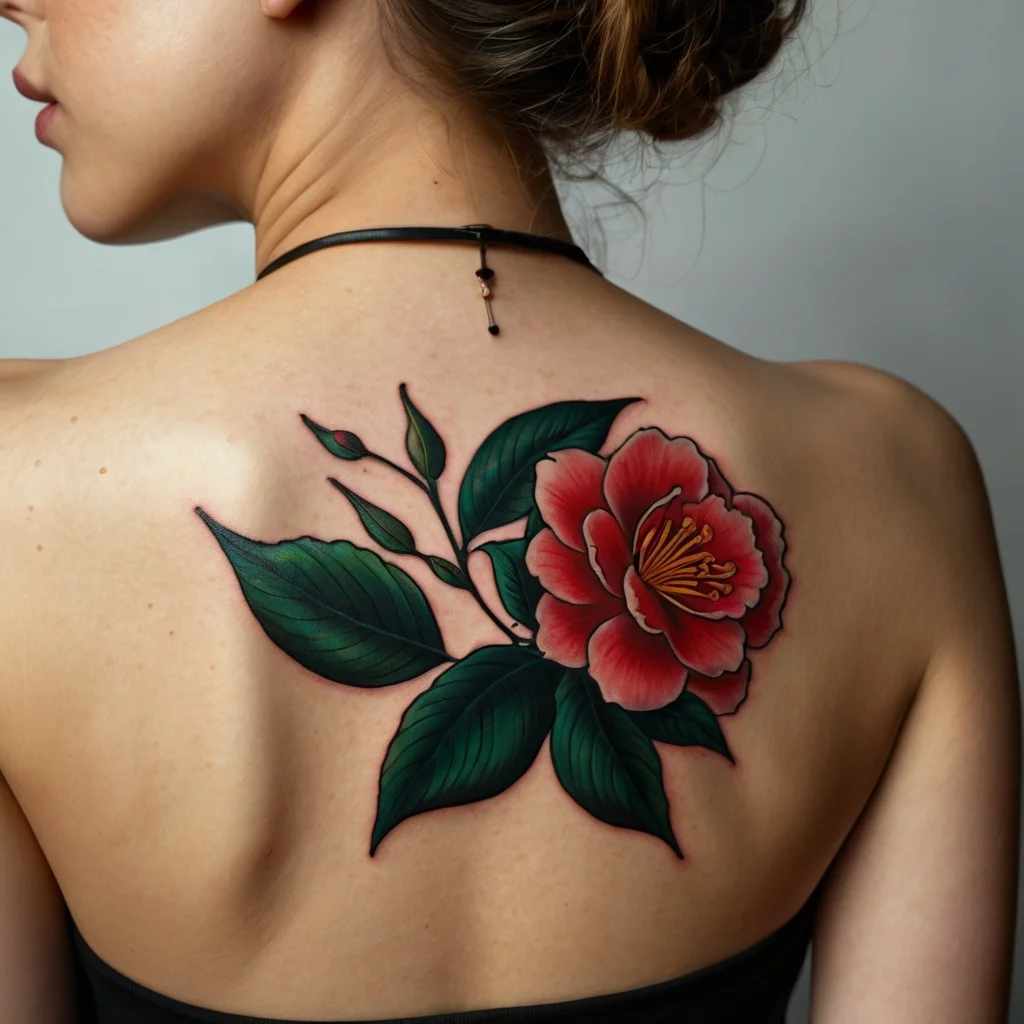 Large, vibrant tattoo of a red camellia flower with detailed leaves on the upper back, showcasing intricate shading and color.