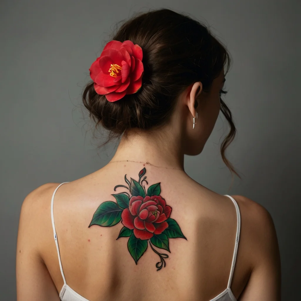 Vibrant red rose tattoo on the upper back, detailed with rich green leaves and black swirls, symbolizing beauty and passion.