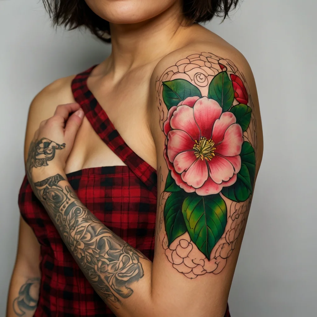 Colorful floral tattoo with a pink camellia, green leaves, and intricate linework on the upper arm.