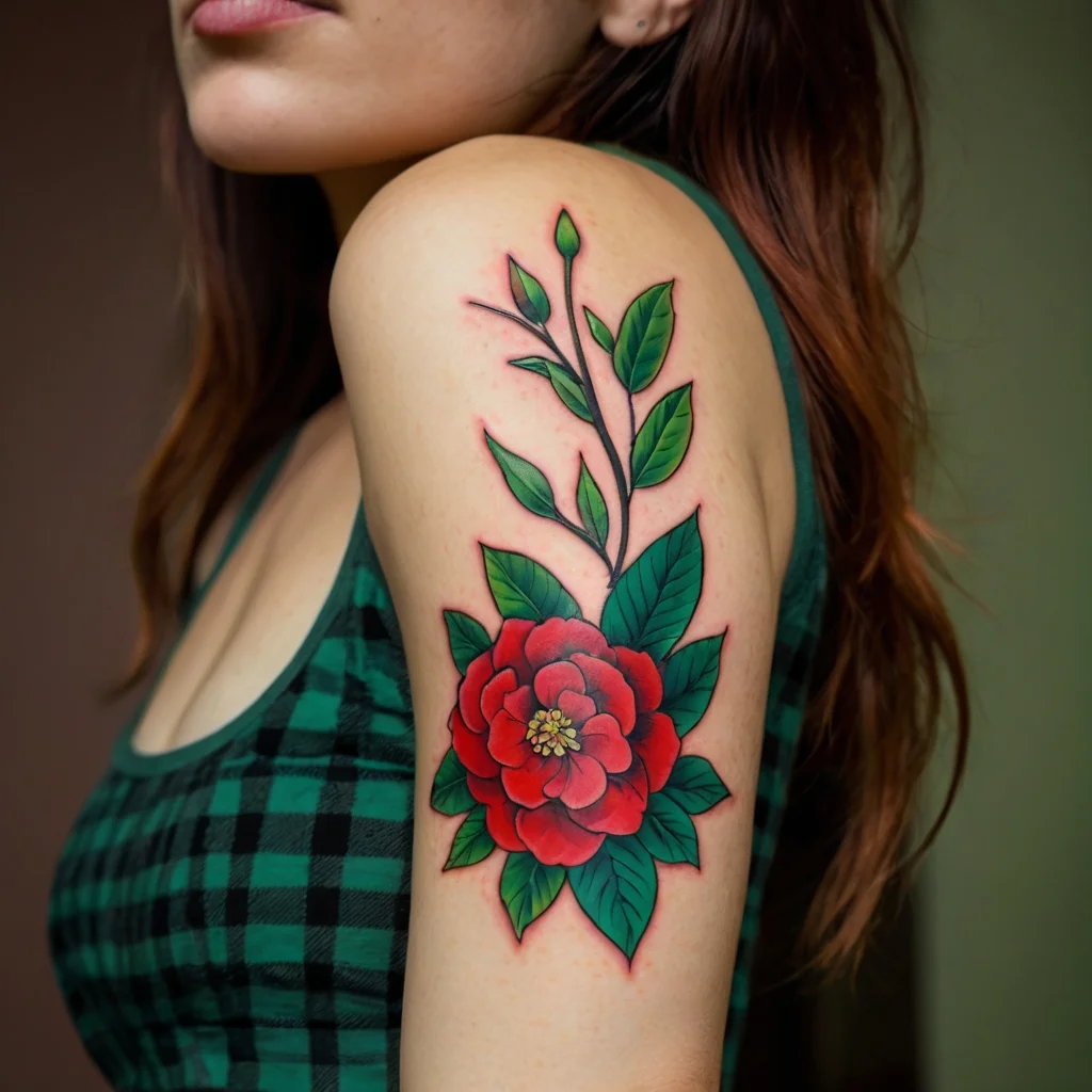 Vibrant red peony tattoo with lush green leaves and buds on upper arm, symbolizing beauty and prosperity.