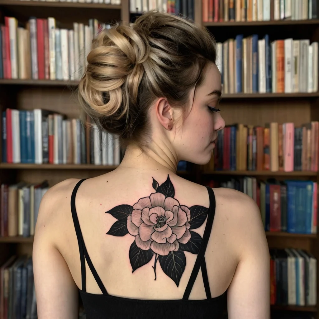 A large, detailed flower tattoo with shaded petals and bold leaves is centered on the upper back.