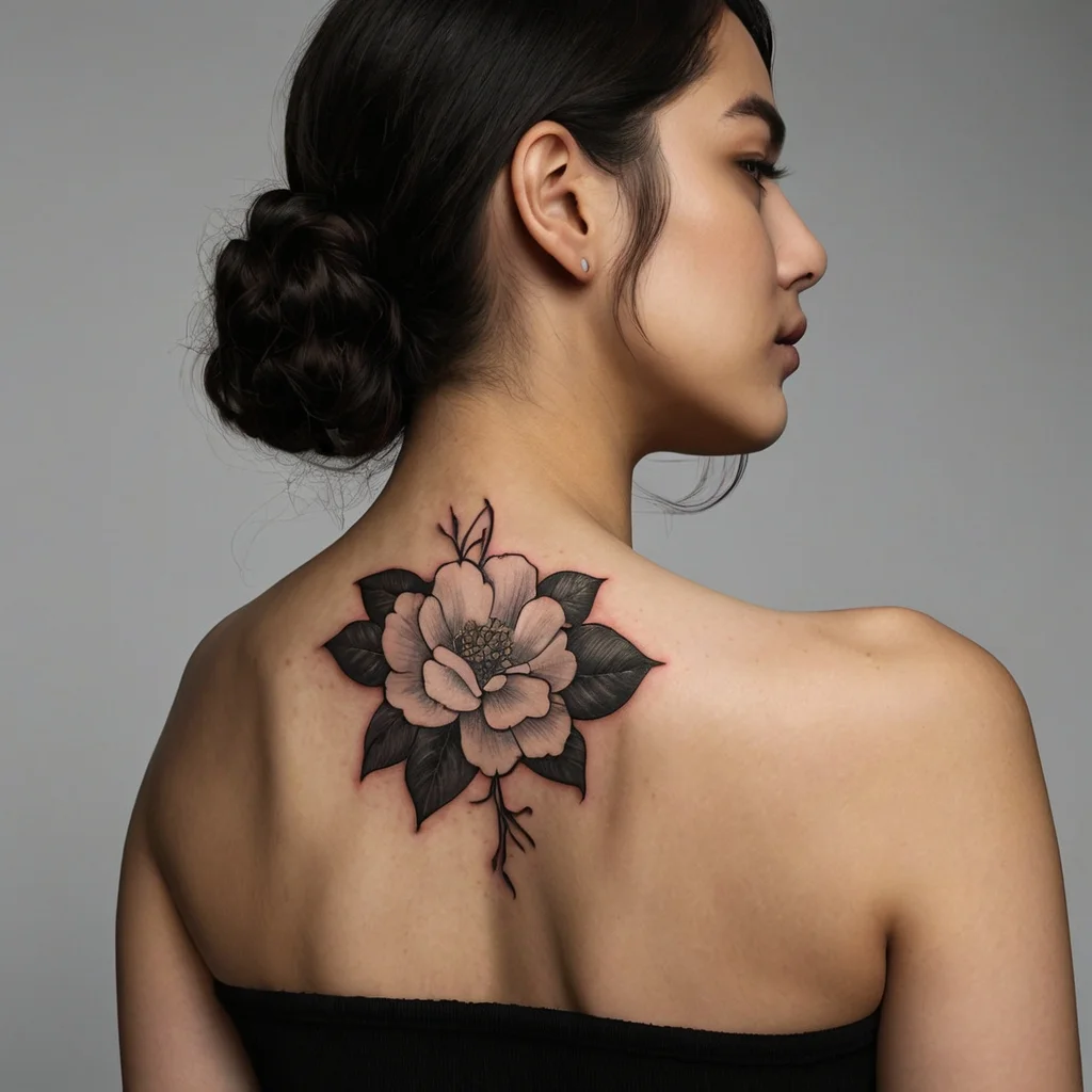 Floral tattoo on upper back, featuring a central blooming flower with intricate shading and dark, bold leaves.