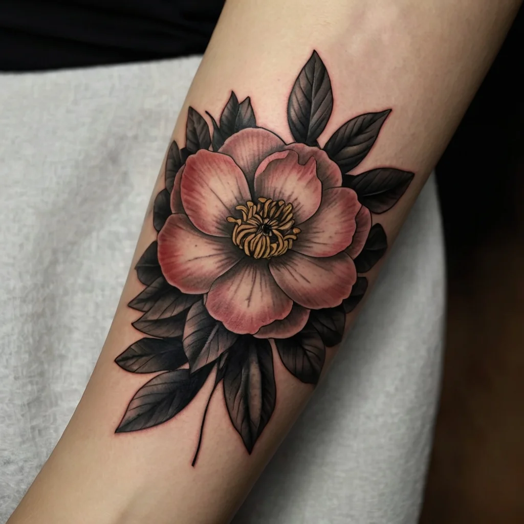 Realistic floral tattoo of a pink peony with detailed black leaves, emphasizing depth and shading on the forearm.