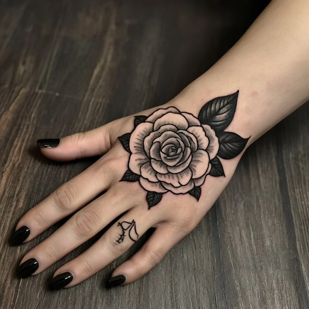 Black and gray rose tattoo on hand, detailed petals and shading, with leaves extending over the wrist and finger.