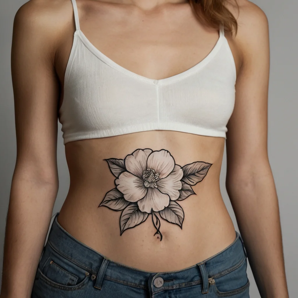 Stylized hibiscus flower tattoo in black and gray, centered on the abdomen with detailed shading and flowing leaves.