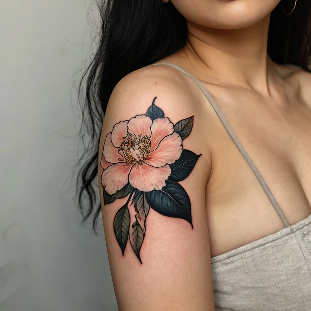 Tattoo of a large pink camellia flower with detailed black and gray leaves on a woman's upper arm.