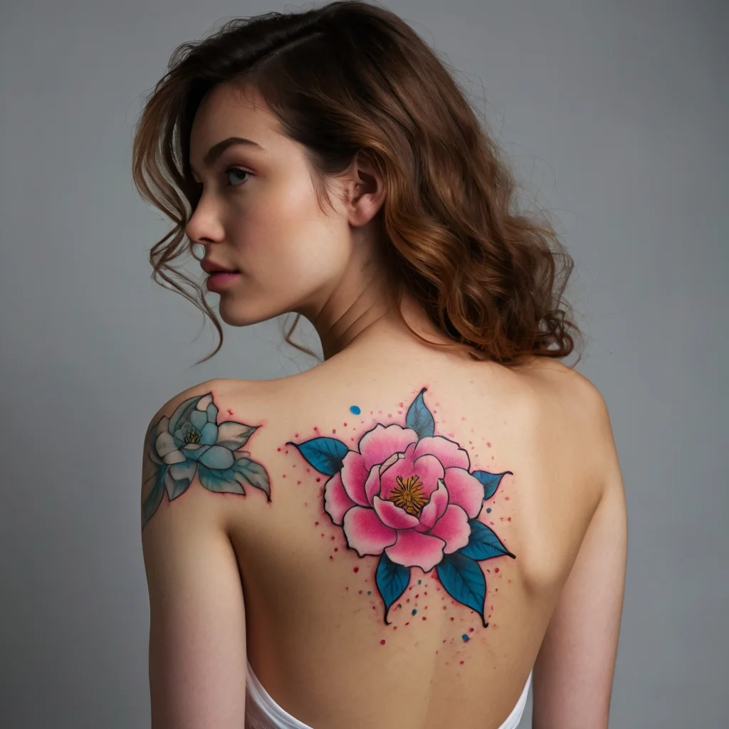 Colorful peony tattoo with blue leaves on the back; another floral design on the shoulder with dot accents.