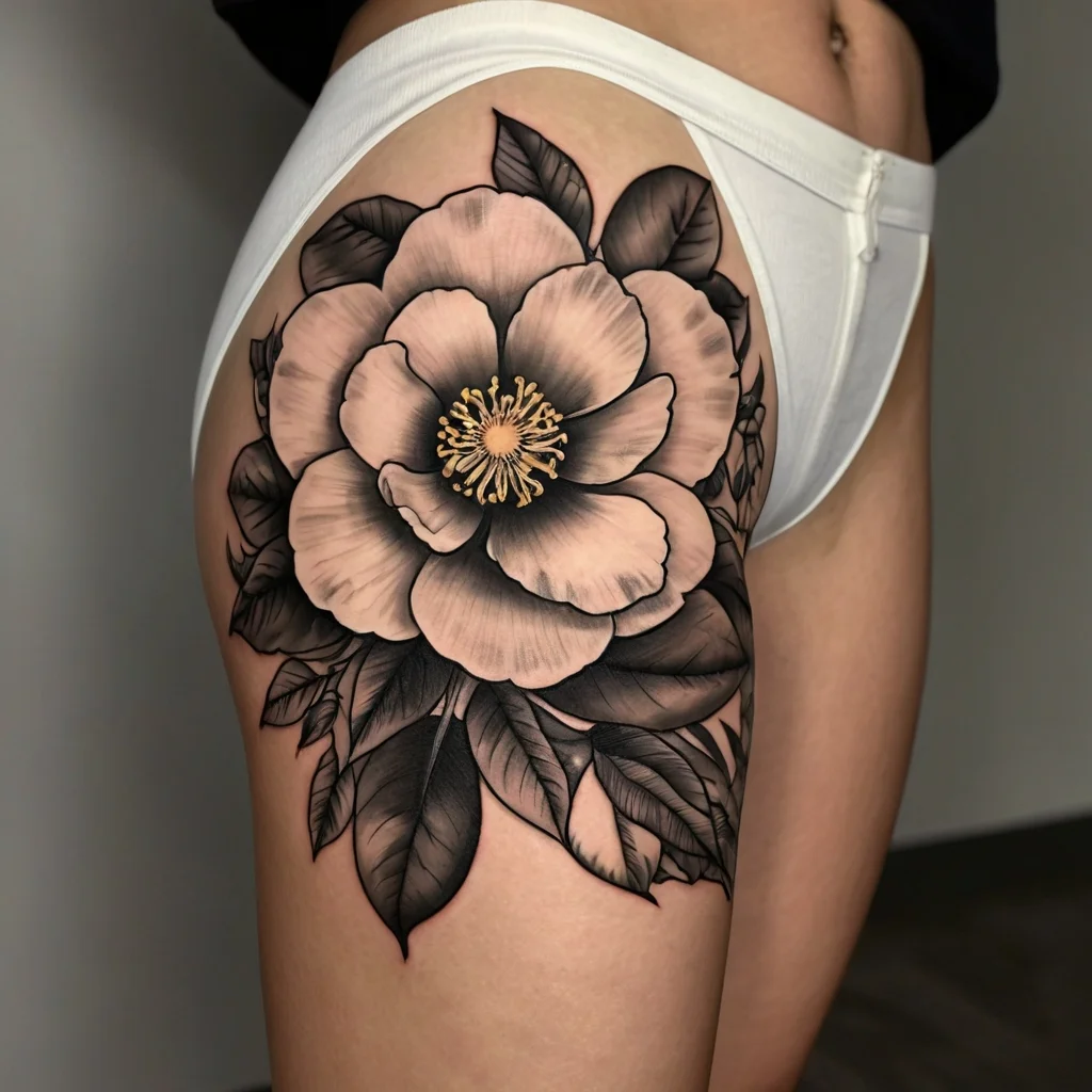 Tattoo of a large, detailed flower on the hip; soft peach petals with bold black leaves creating contrast and depth.