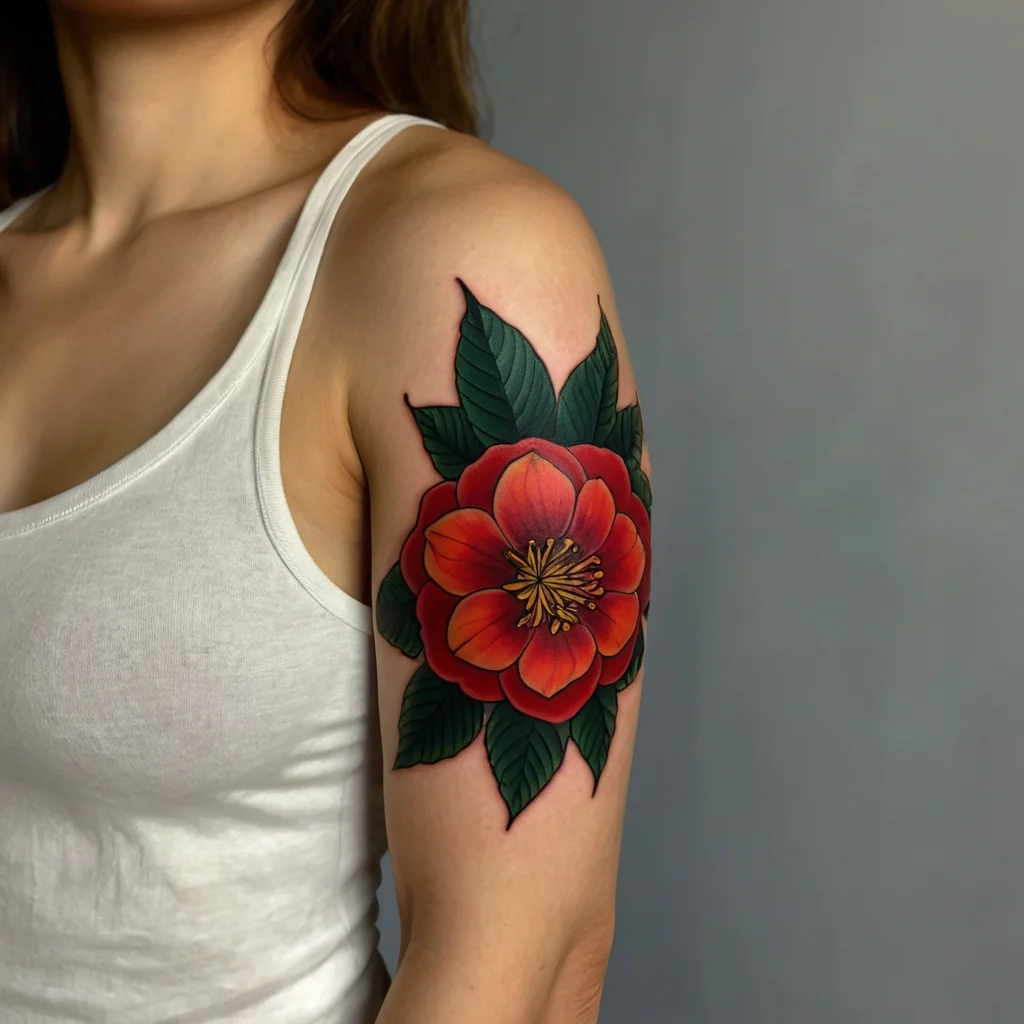 Vivid red camellia tattoo with layered petals and dark green leaves on the upper arm, showcasing contrast and depth.