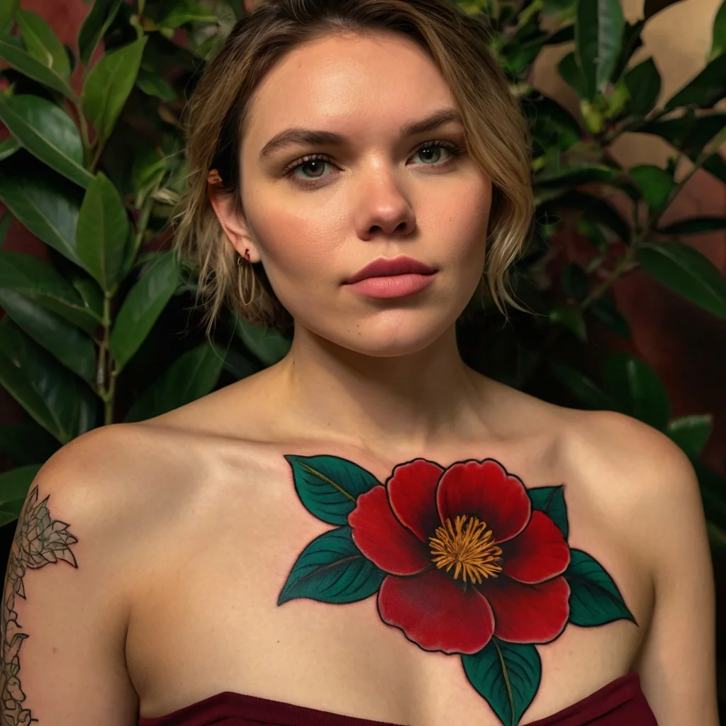 Chest tattoo of a vibrant red flower with lush green leaves and a detailed yellow center, symbolizing beauty and strength.