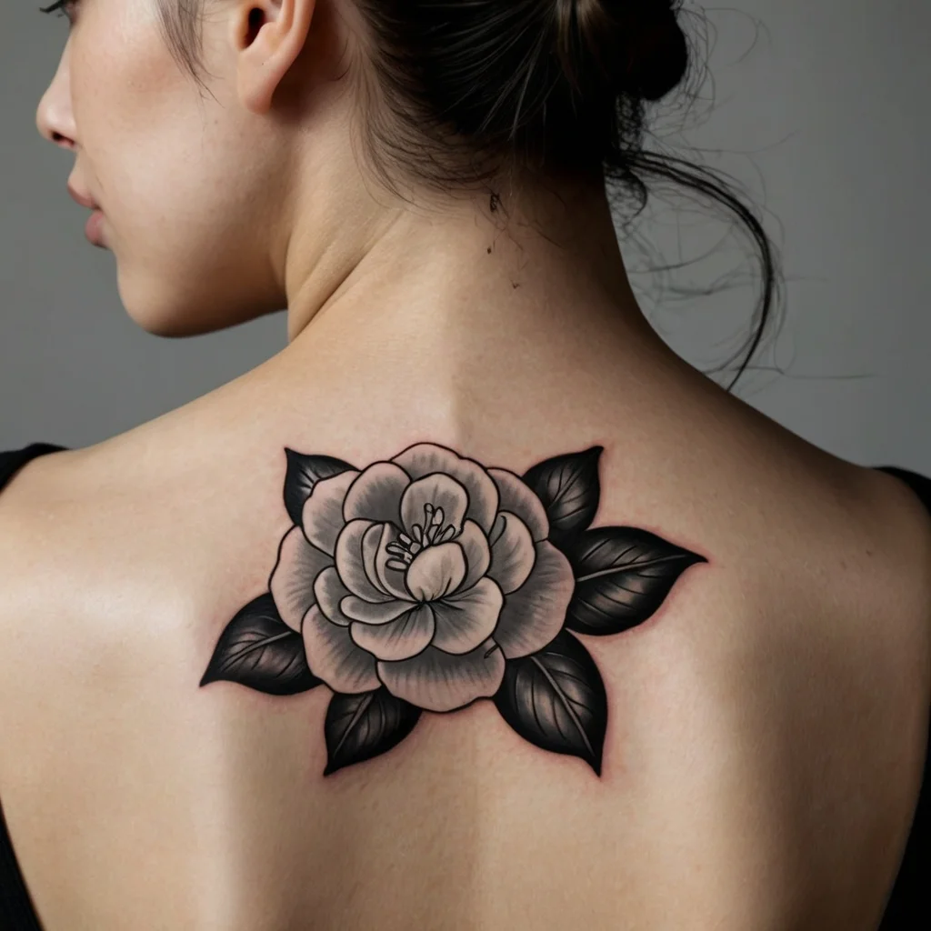 Black and gray rose tattoo on back, featuring detailed petals and leaves with bold shading and fine linework.