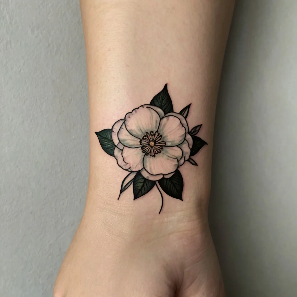 Delicate wrist tattoo of a shaded flower with detailed petals and dark green leaves, showcasing intricate line work.