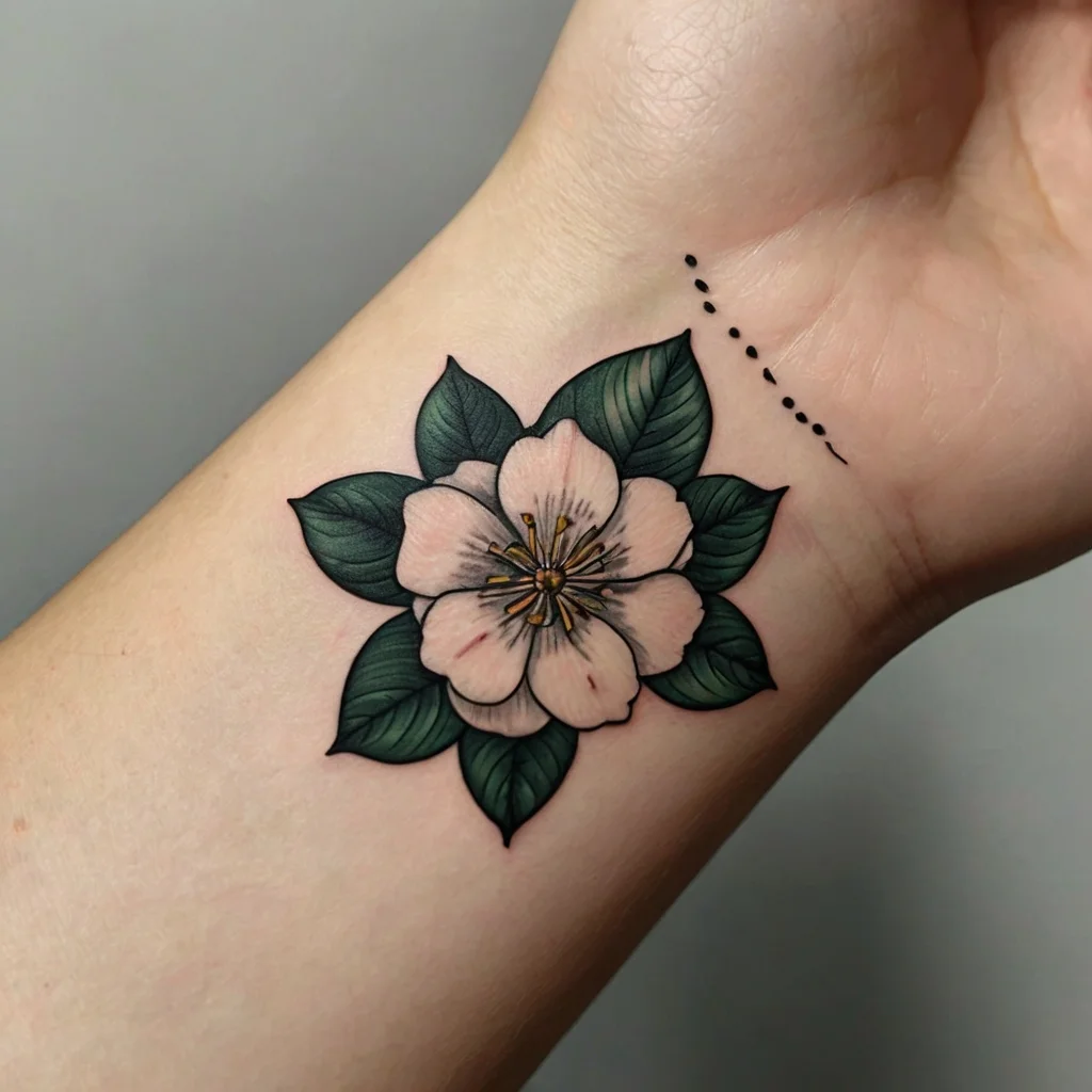 Wrist tattoo of a pink flower with green leaves, detailed shading, and small dotted line accents above.