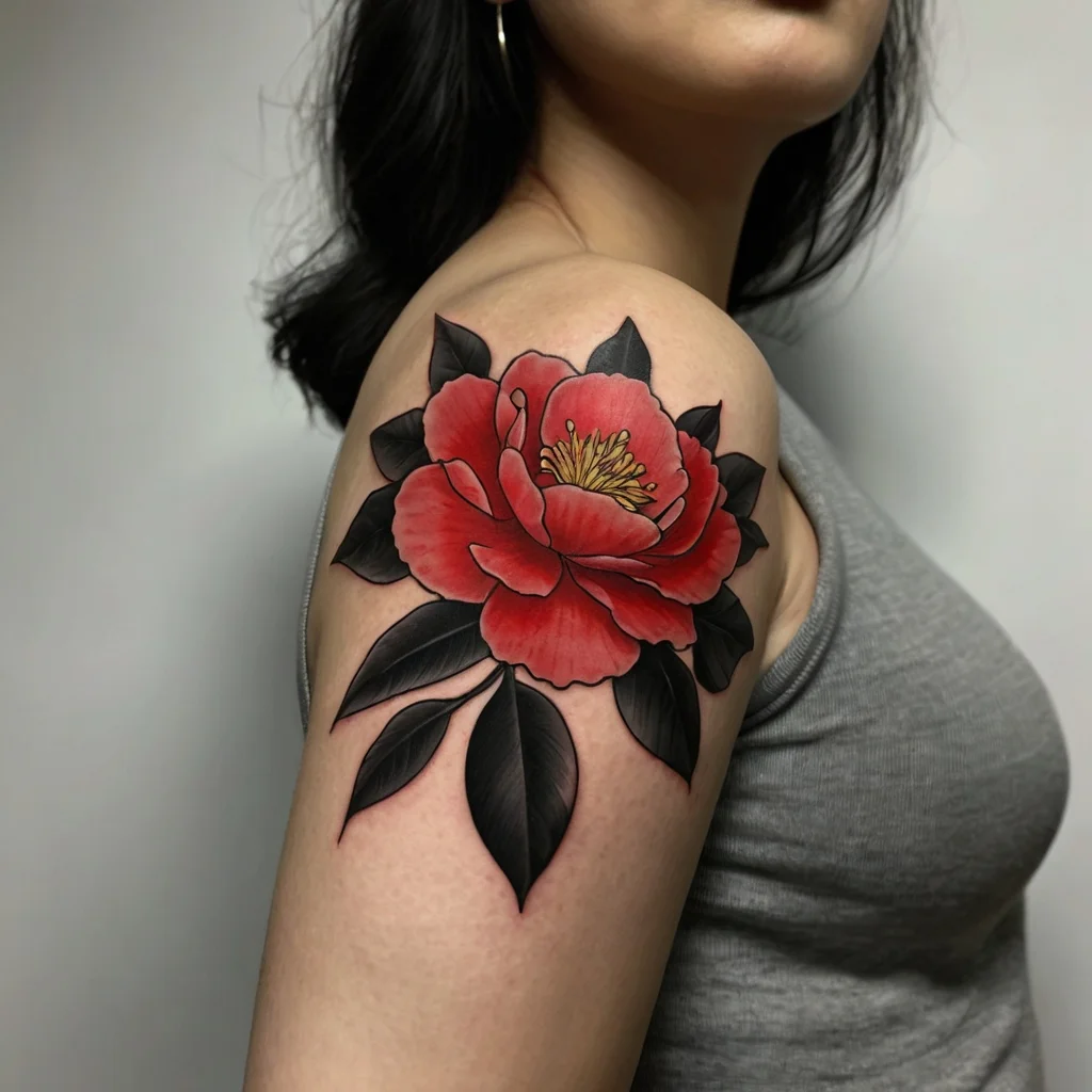 Vivid red peony tattoo on shoulder, with bold black leaves and delicate yellow stamen, showcasing contrast and elegance.