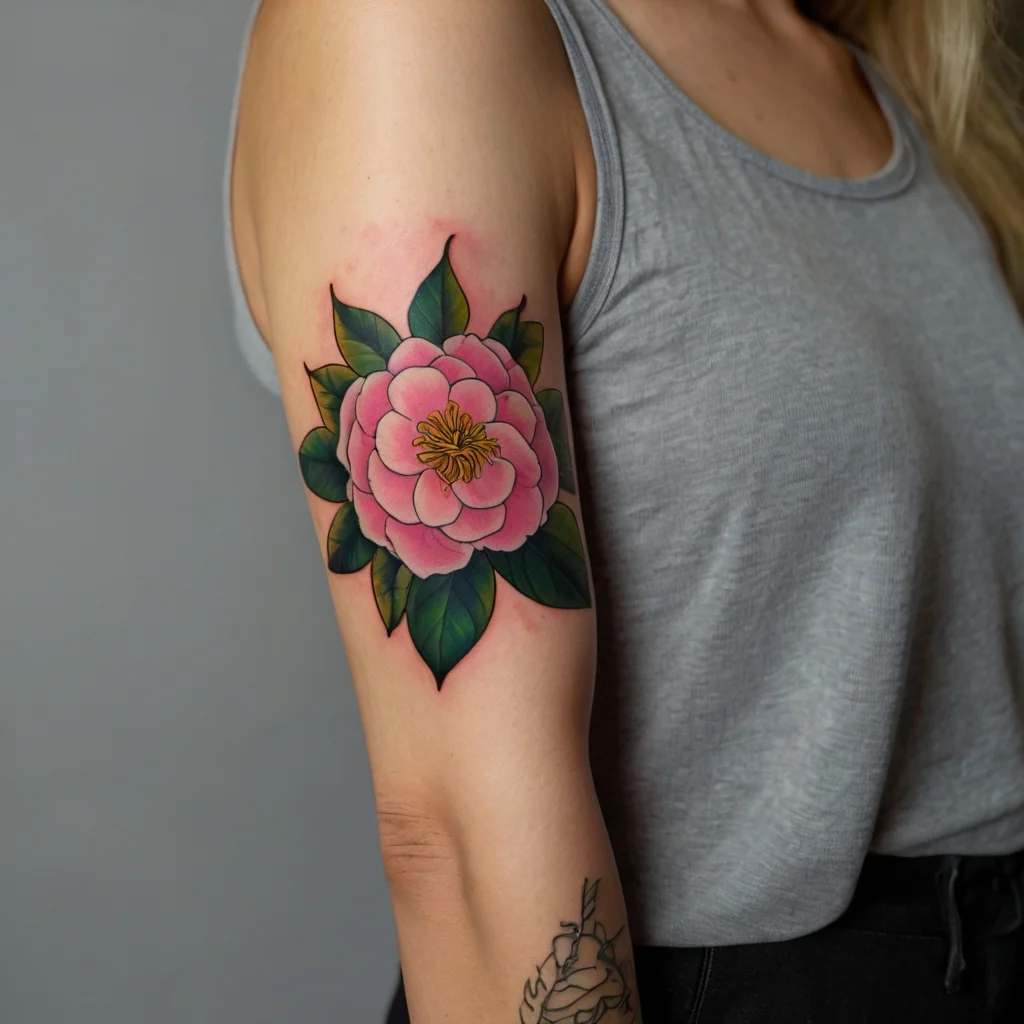 Pink camellia tattoo with detailed petals and bold green leaves, symbolizing love and admiration on the upper arm.