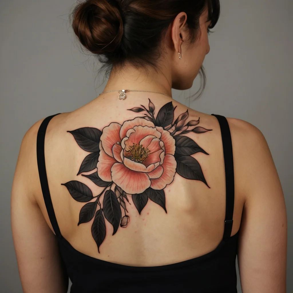 Large pink peony tattoo on back, highlighted with bold black leaves and outlines, emphasizing delicate petal shading.